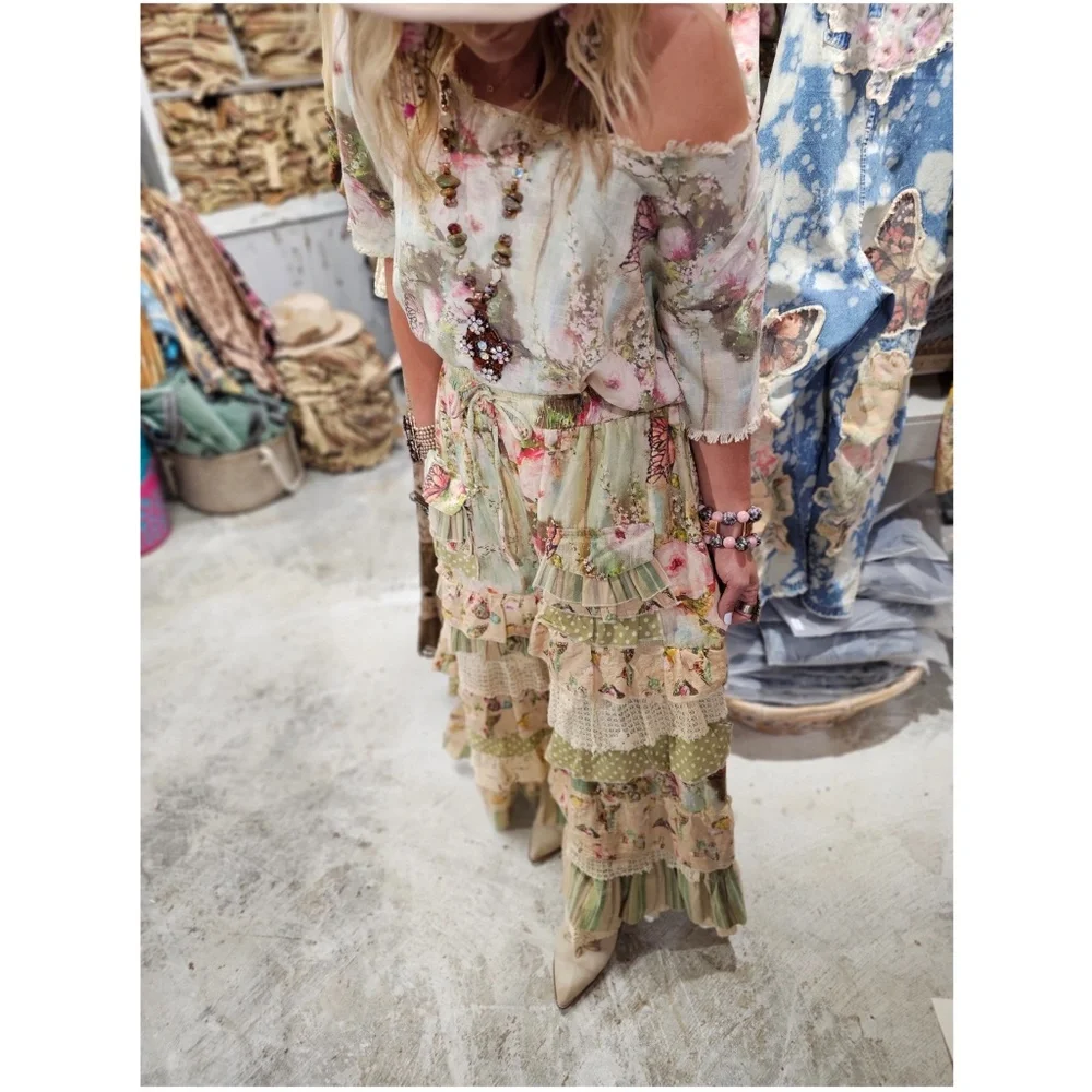 Boho Cotton Floral Butterfly Print Stretchy Waist Ruffle detail Pants - Picture 2 of 4